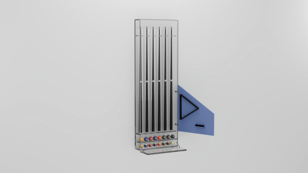 The Arella Cue Rack, a vertical metal holder from the Luxury line, stores several long rods beside a blue triangular panel with circular buttons and colored connectors at the base, all against a plain white background.