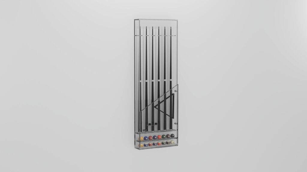 The Arella Cue Rack is a modern, wall-mounted pool cue holder with vertical slots for several cues, a triangle rack, and bottom shelves displaying billiard balls in neat rows. Set against a plain white background.