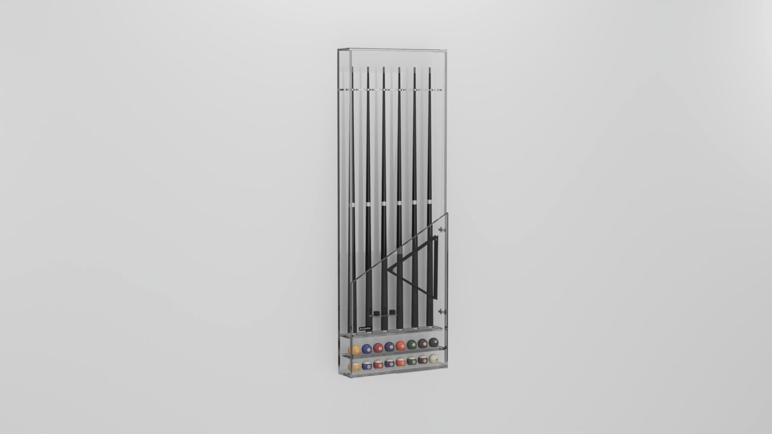The Arella Cue Rack is a modern, wall-mounted pool cue holder with vertical slots for several cues, a triangle rack, and bottom shelves displaying billiard balls in neat rows. Set against a plain white background.