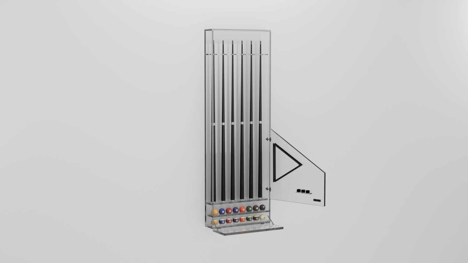 The tall, vertical Arella Cue Rack holds multiple pool cues, with a right-side triangular shelf displaying billiard balls, set against a plain white background.