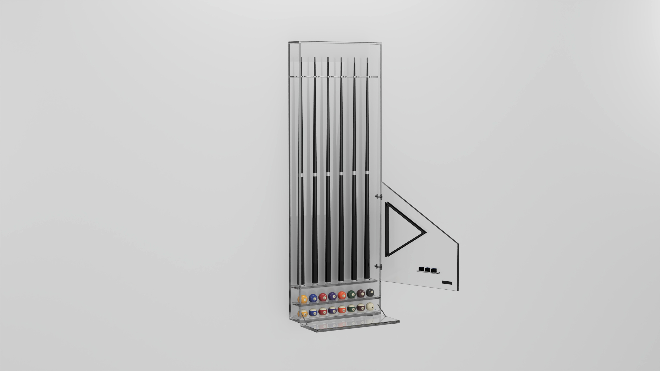 The tall, vertical Arella Cue Rack holds multiple pool cues, with a right-side triangular shelf displaying billiard balls, set against a plain white background.