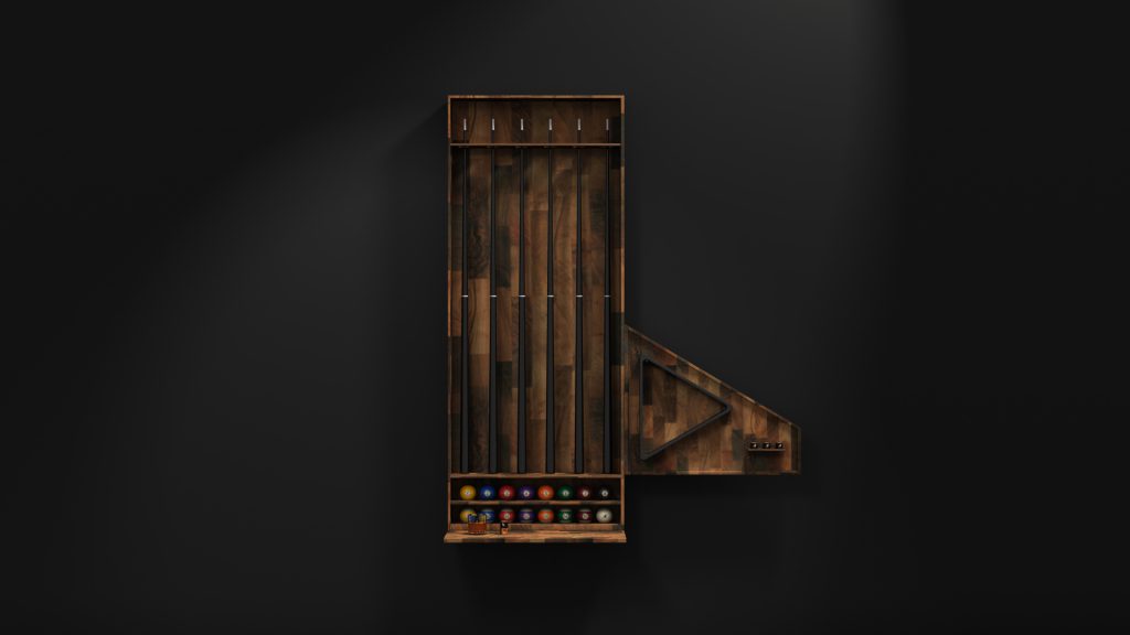 The Arella Cue Rack is a luxury wall-mounted display for a triangle rack, assorted colored billiard balls, and cue sticks against a sleek black background.