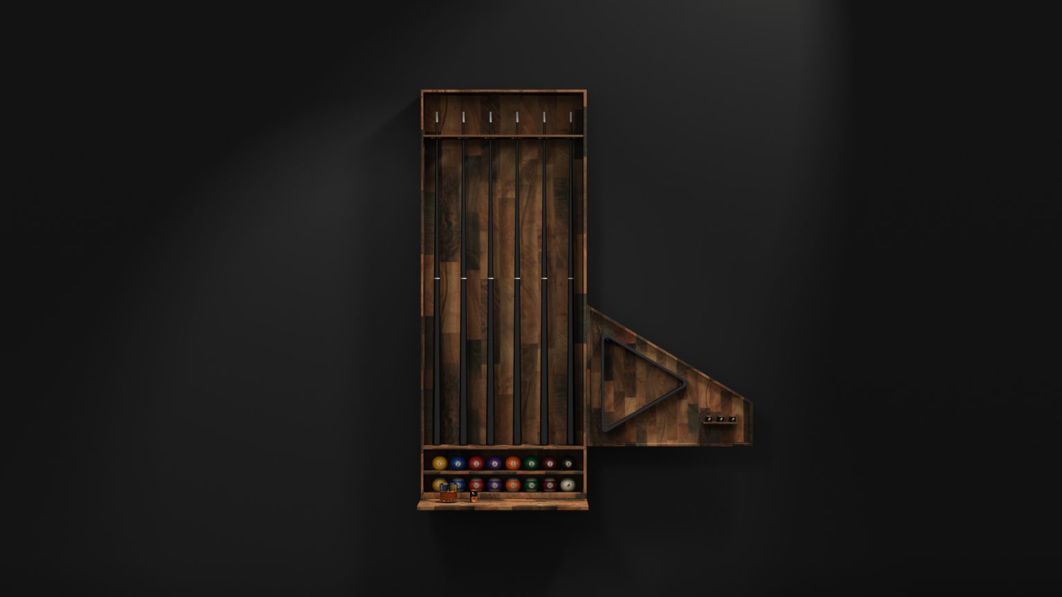 The Arella Cue Rack is a luxury wall-mounted display for a triangle rack, assorted colored billiard balls, and cue sticks against a sleek black background.