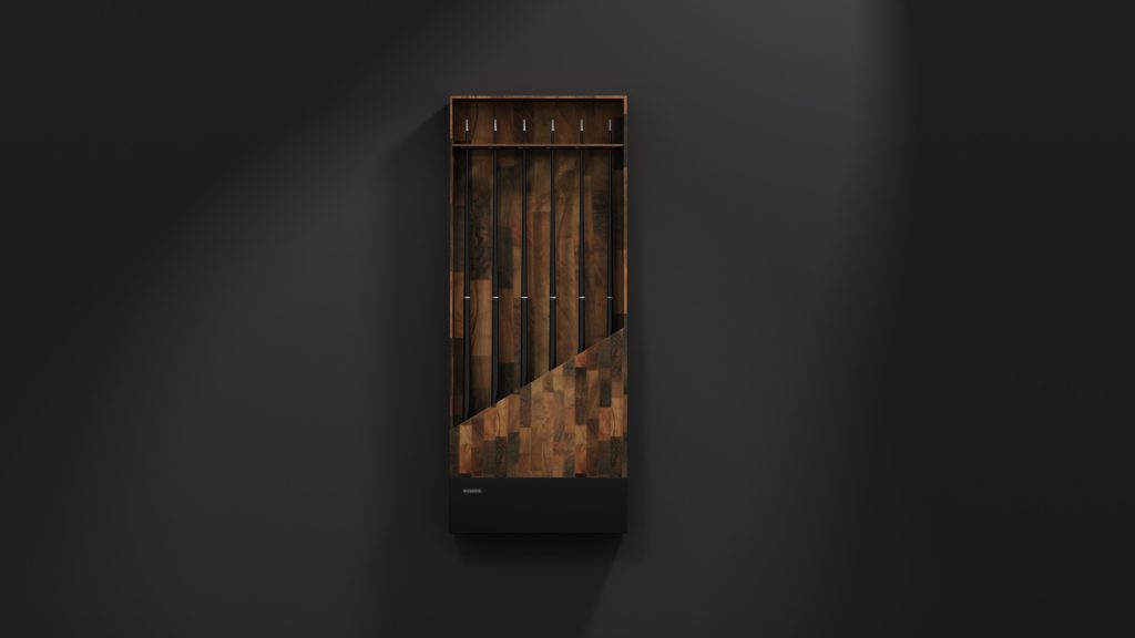 The Arella Cue Rack, with its dark wood finish and modern design, provides elegant storage options. Its various compartments create a subtle shadow on the dark backdrop, enhancing its minimalist appeal.