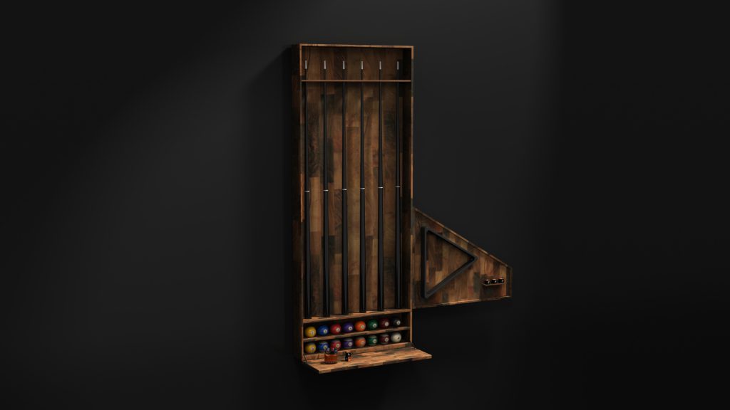 A luxurious wall-mounted marble track with vertical paths and a right slant section, featuring colorful marbles. It includes an Arella Cue Rack Storage at the bottom, with wooden pegs and holes for interaction against a dark backdrop.