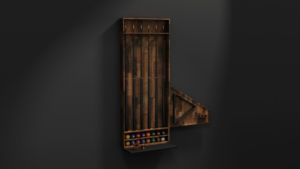 The Arella Cue Rack is a wooden, wall-mounted unit featuring a vertical area for pool cues and a triangular space for billiard balls, with a small shelf at the bottom for accessories, all designed to complement a dark gray wall.