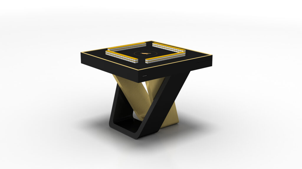 The Theseus Mahjong Table features a modern, angular design with sleek black and gold elements, perfect for luxury game adventures. Its tabletop has raised edges for a recessed center, while the geometric intersecting base seamlessly blends contemporary style with elegance.