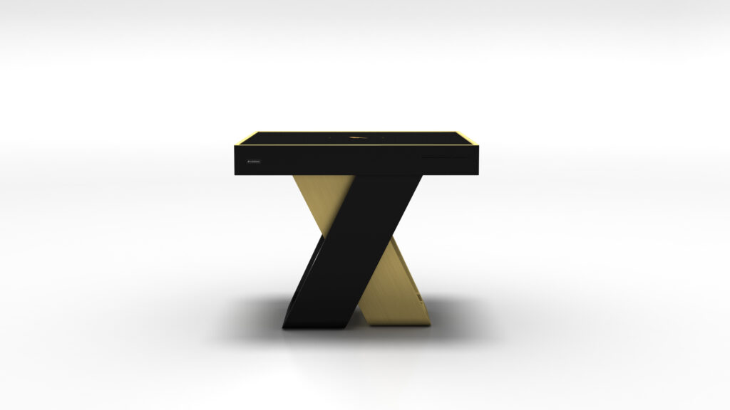 The Theseus Mahjong Table features a matte black and gold cross-legged base with a sleek rectangular black tabletop, exuding the elegance of luxury game tables against a simple white background.