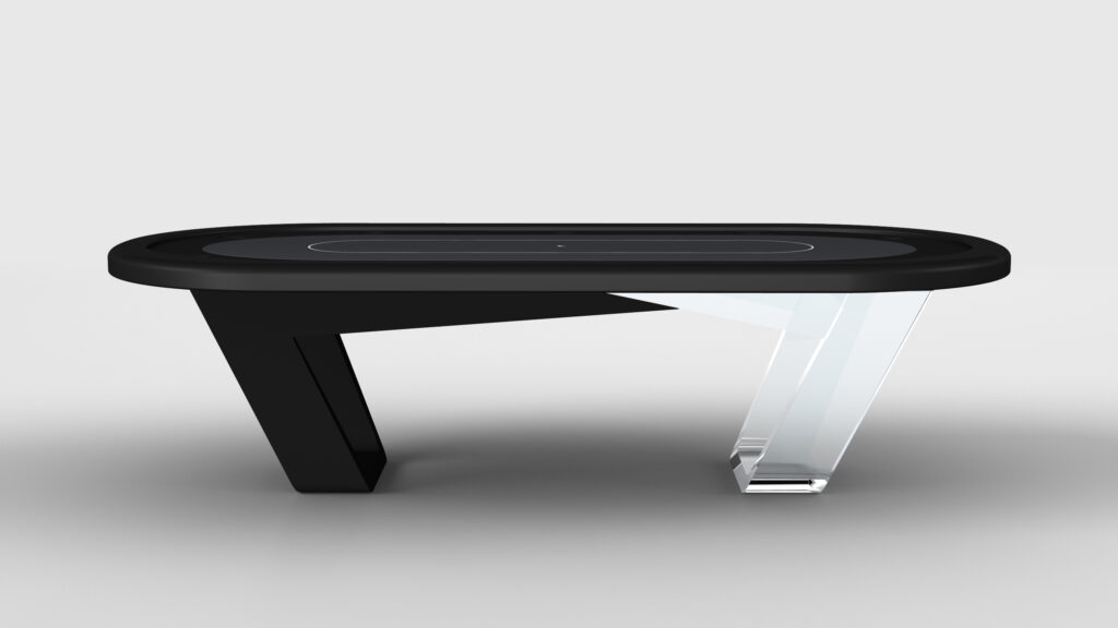 The Avettore Oval Poker Table features a modern oval design, a black top, one angled black leg, and one angled transparent leg, displayed against a plain light gray background.