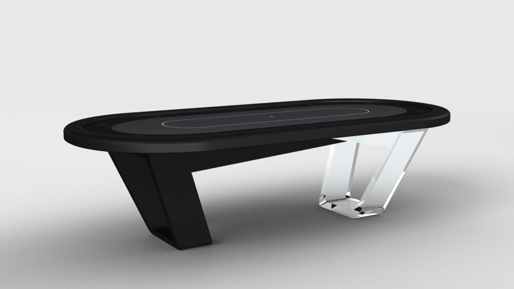 A sleek, modern Avettore Oval Poker Table with an oval black top, one solid black leg, and one transparent angular acrylic leg, displayed on a light gray background.