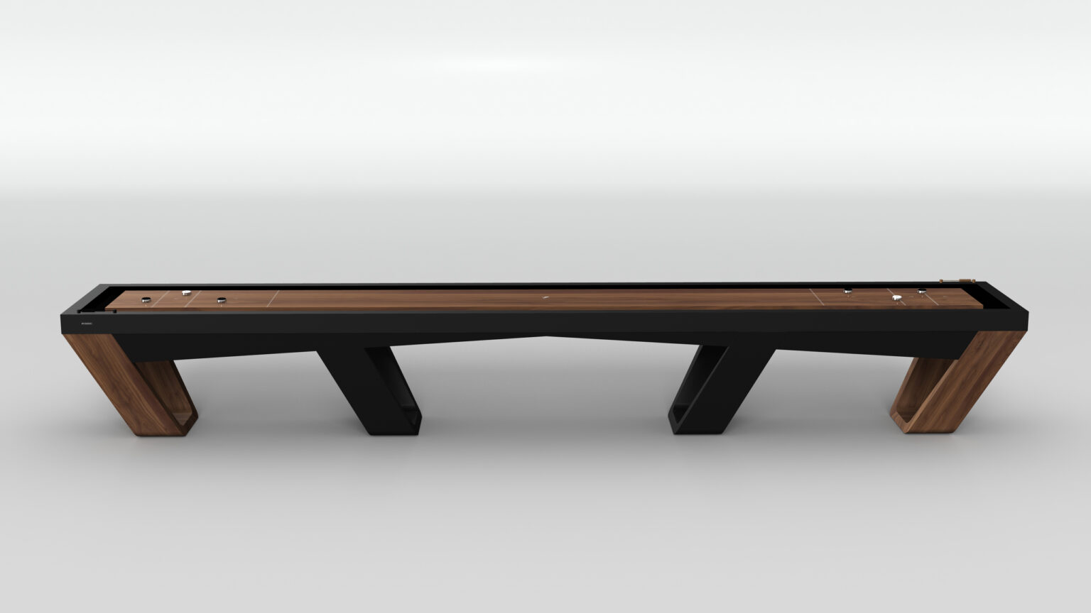 The Avettore Shuffleboard Table is a luxury game piece featuring a wooden playing surface, sleek design, and elegant black legs. Two sets of pucks are ready for play against a light gray wall backdrop.
