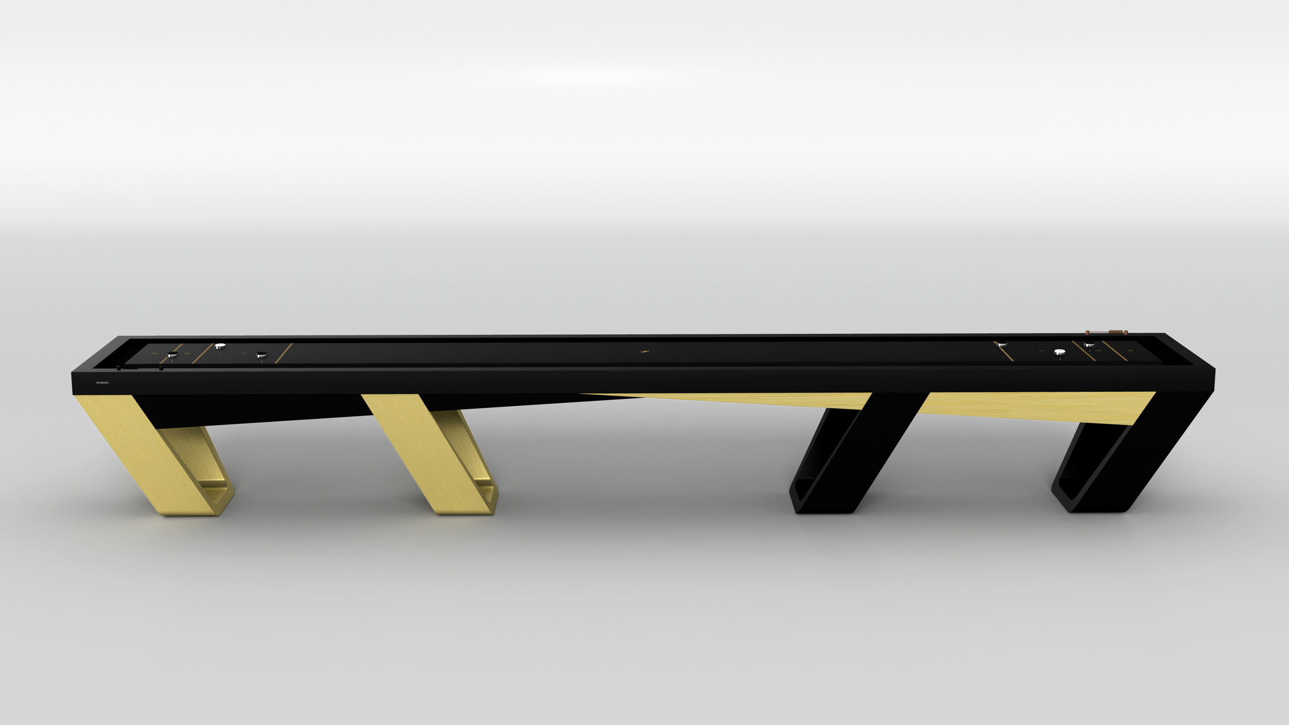 The Avettore Shuffleboard Table showcases a sleek black top and angular legs in gold and black, making it a striking, modern centerpiece against a plain white background.