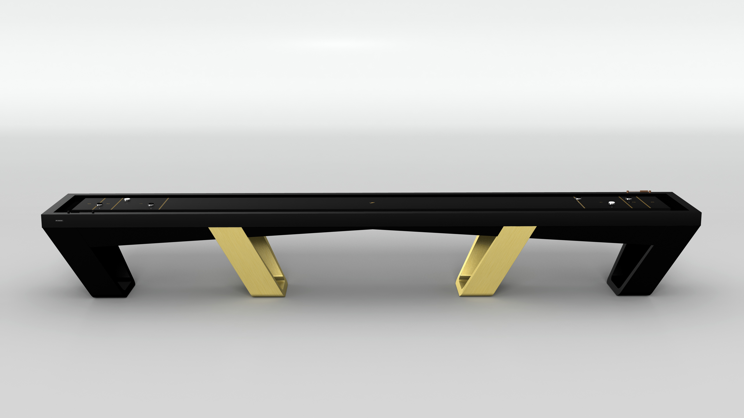 The Avettore Shuffleboard Table features a minimalist, geometric design with sleek angular legs—two in gold—set against a plain white background.
