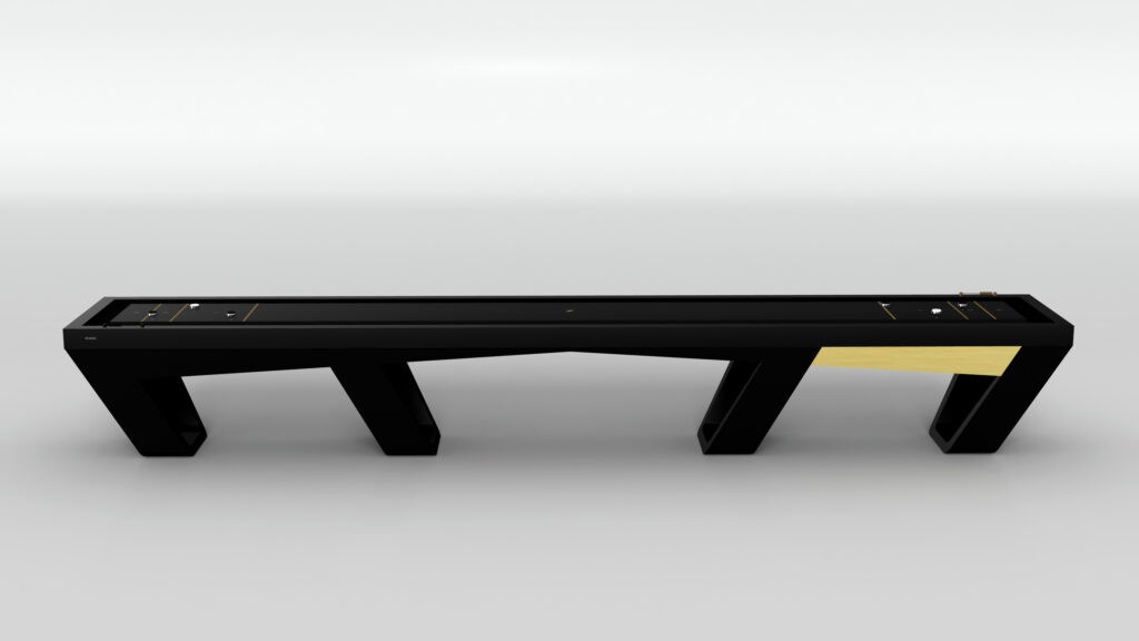 The Avettore Shuffleboard Table features a modern design with angled legs and a gold accent on one end, displayed against a plain white background.