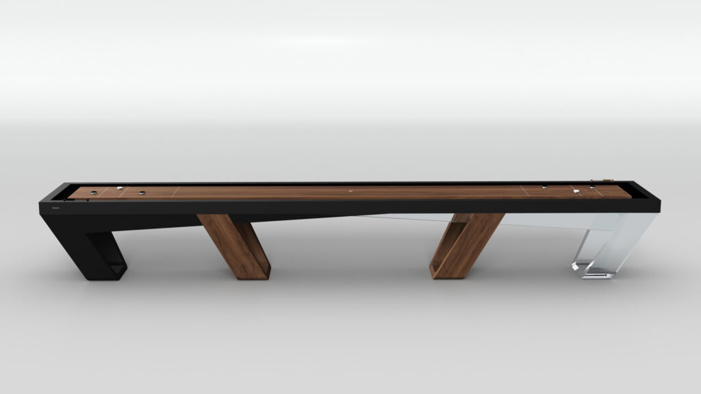 The Avettore Shuffleboard Table has a black frame, wooden playing surface, angled wood legs, and glass support on one end, shown against a white background.