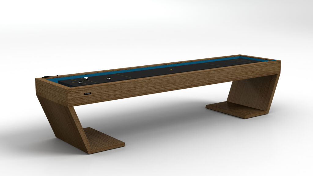 The Cabaret Shuffleboard Table has a modern wooden frame and legs, plus a stylish blue and black playing surface, all shown on a plain white background.