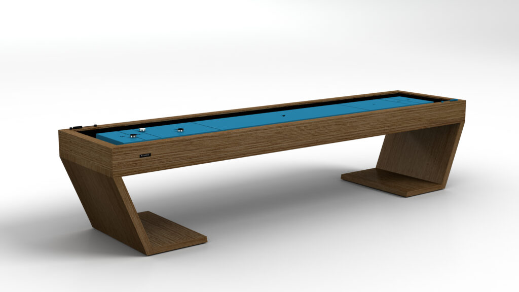 The Cabaret Shuffleboard Table has a wooden frame, angled legs, and a vivid blue playing surface with pucks and scoring lines, all displayed on a plain white background for a contemporary look.