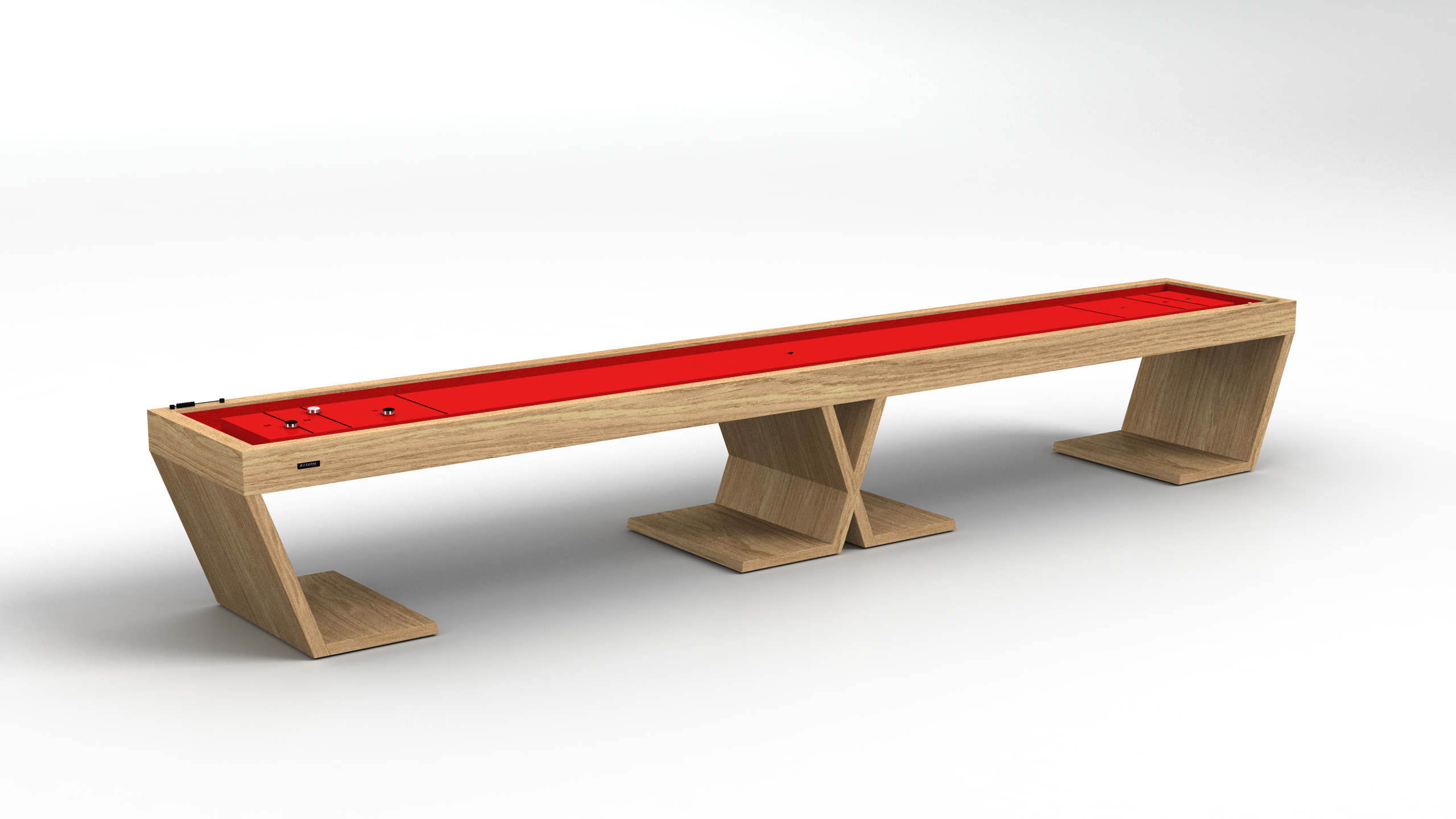 The Cabaret Shuffleboard Table features modern angled legs and a vibrant red playing surface, shown against a plain white background.