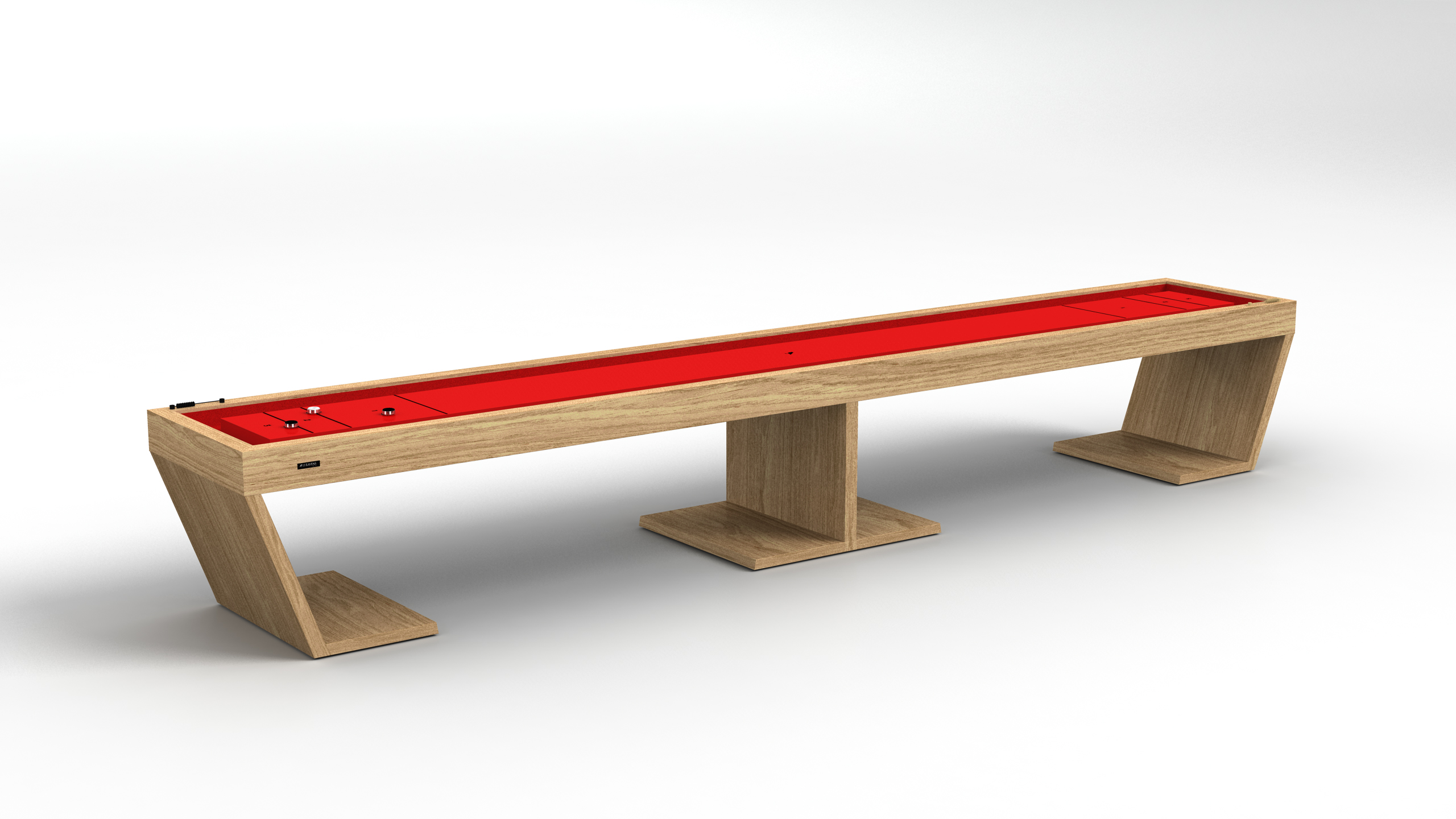 The Cabaret Shuffleboard Table features a bold red playing surface and angled wooden legs, showcased against a plain white background for a modern, luxurious look.