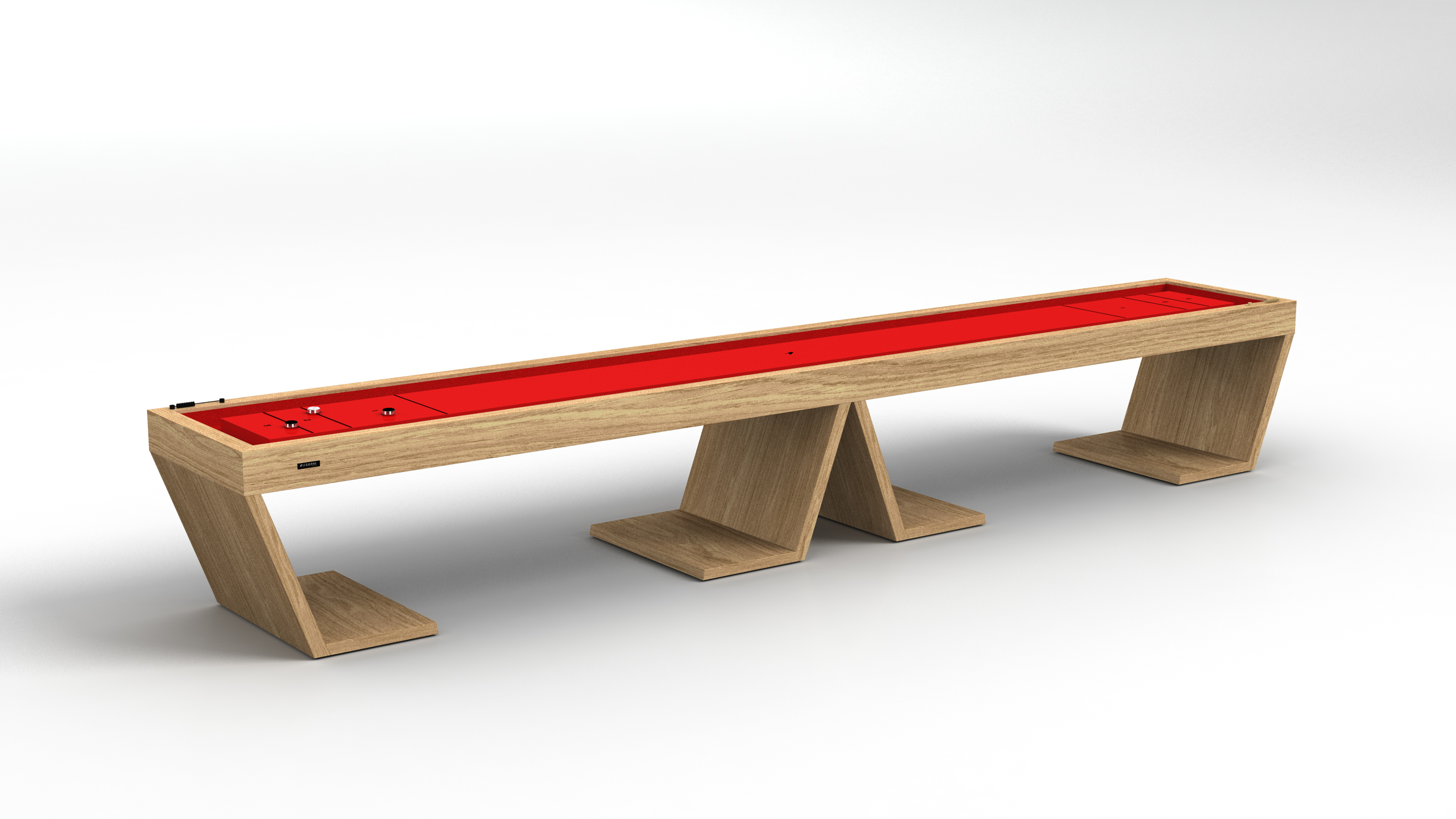The Cabaret Shuffleboard Table features a sleek, angular design with three supports, a wooden base, and a vibrant red playing surface, all presented on a plain white background.