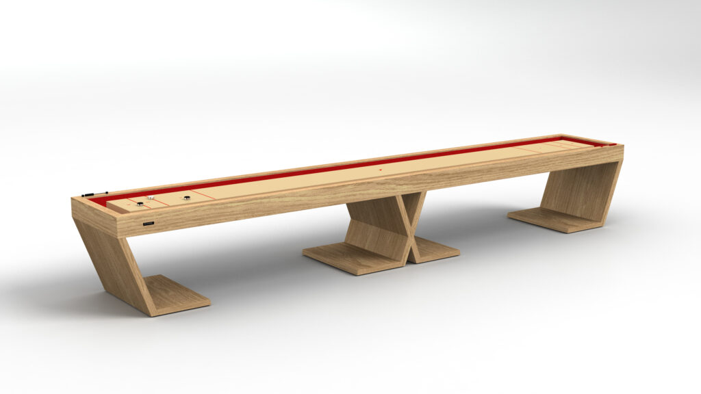 The Cabaret Shuffleboard Table showcases a modern wooden design with a light wood finish, red side rails, and an open geometric base, displayed against a plain white background.