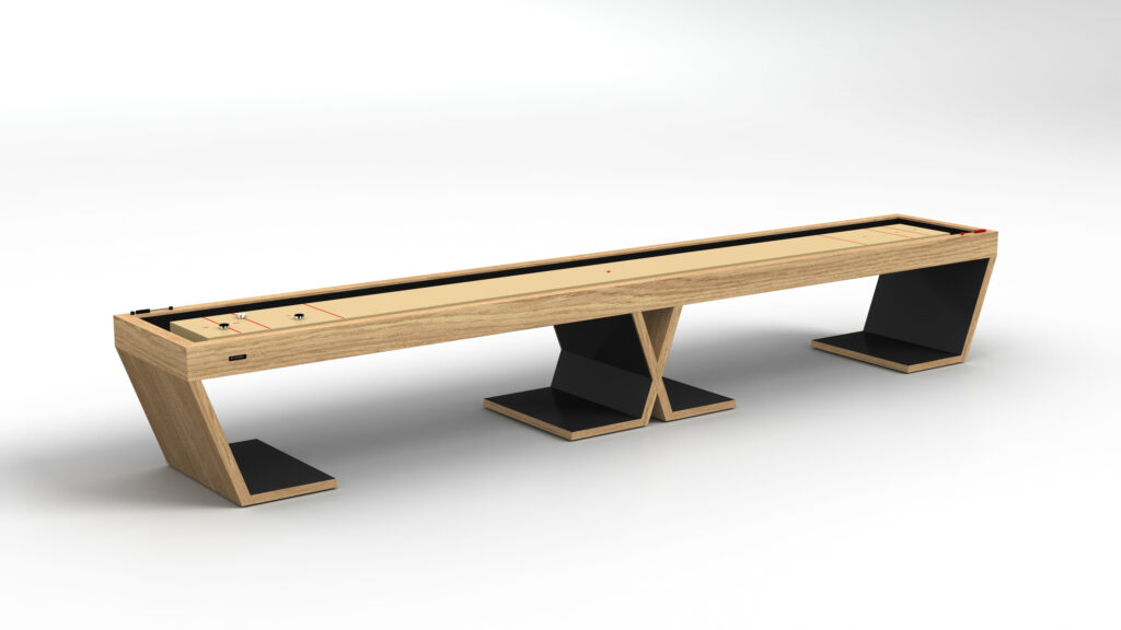 The Cabaret Shuffleboard Table features modern design with black accents and geometric legs, shown on a plain white background.