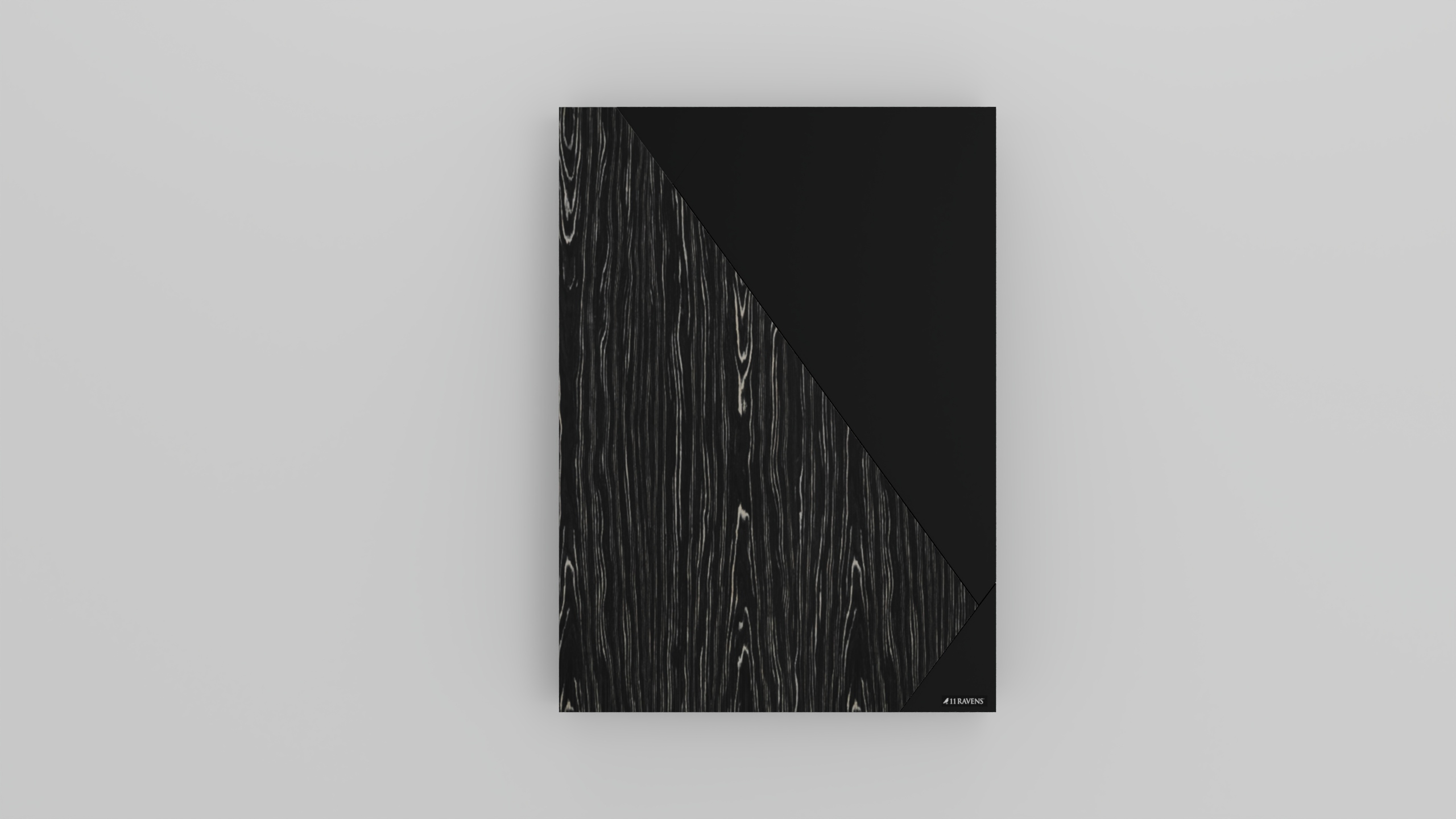 A minimalist poster with a black triangle over wood grain on light gray, inspired by the refined elegance of the Cardinal Dartboard, featuring 