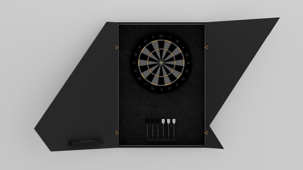 The Cardinal Dartboard is showcased in an open black cabinet with a modern, angular design. Three darts sit in a holder below the board, and the cabinet stands out against a simple, light background.