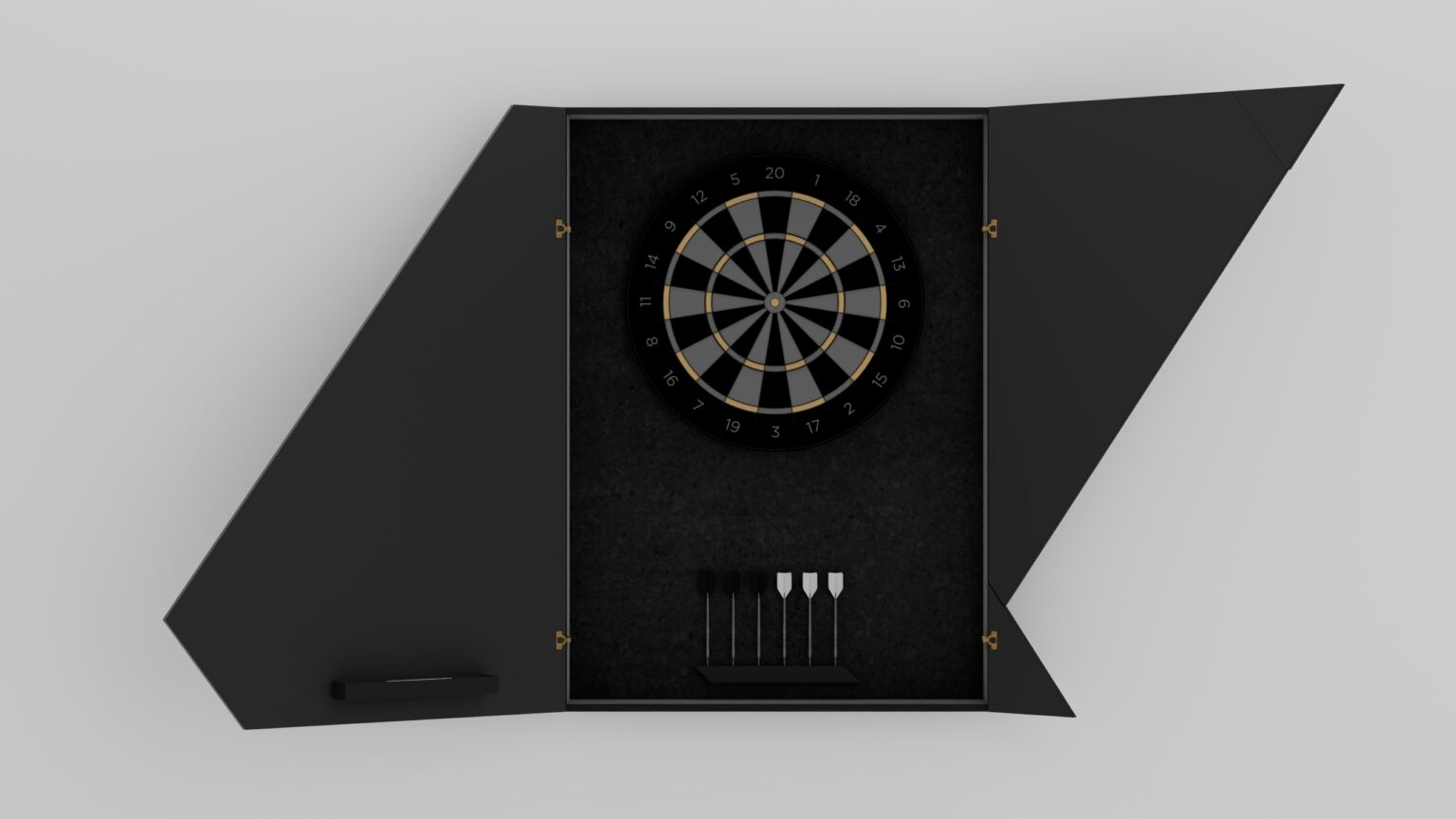 The Cardinal Dartboard is showcased in an open black cabinet with a modern, angular design. Three darts sit in a holder below the board, and the cabinet stands out against a simple, light background.