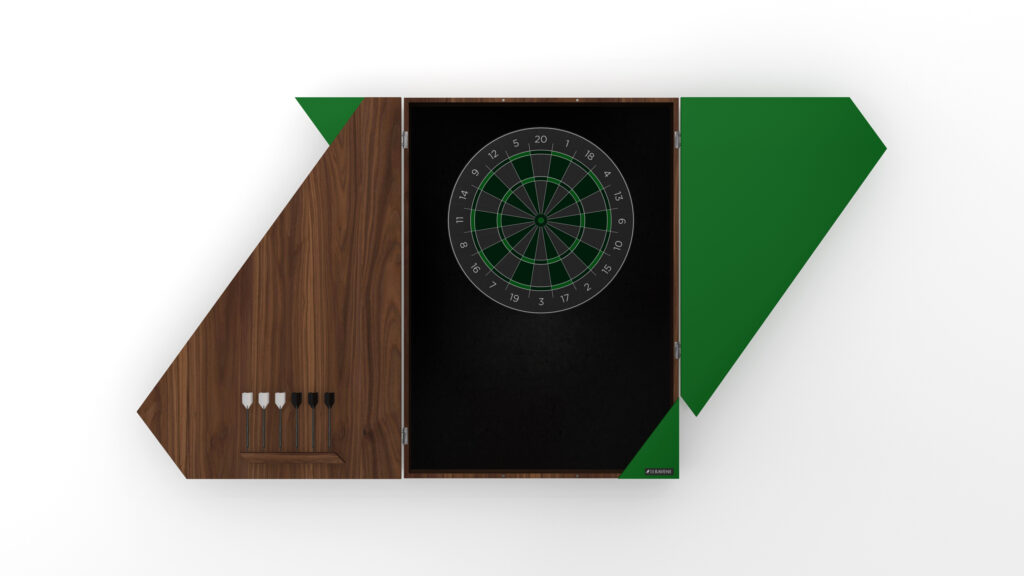 The Cardinal Dartboard set features a luxury dartboard mounted in a geometric wooden cabinet with green accents. When open, the cabinet displays the dartboard and five neatly stored darts on the left inside panel.