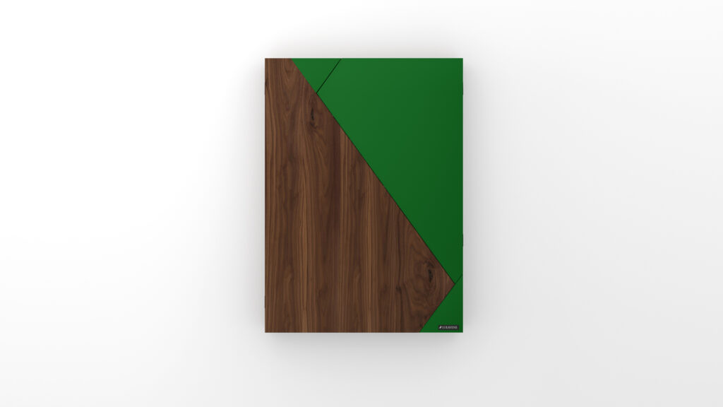 The Cardinal Dartboard features a rectangular shape with a geometric design, showcasing a diagonal split: wood grain on the left, solid green on the right, all set against a white background.