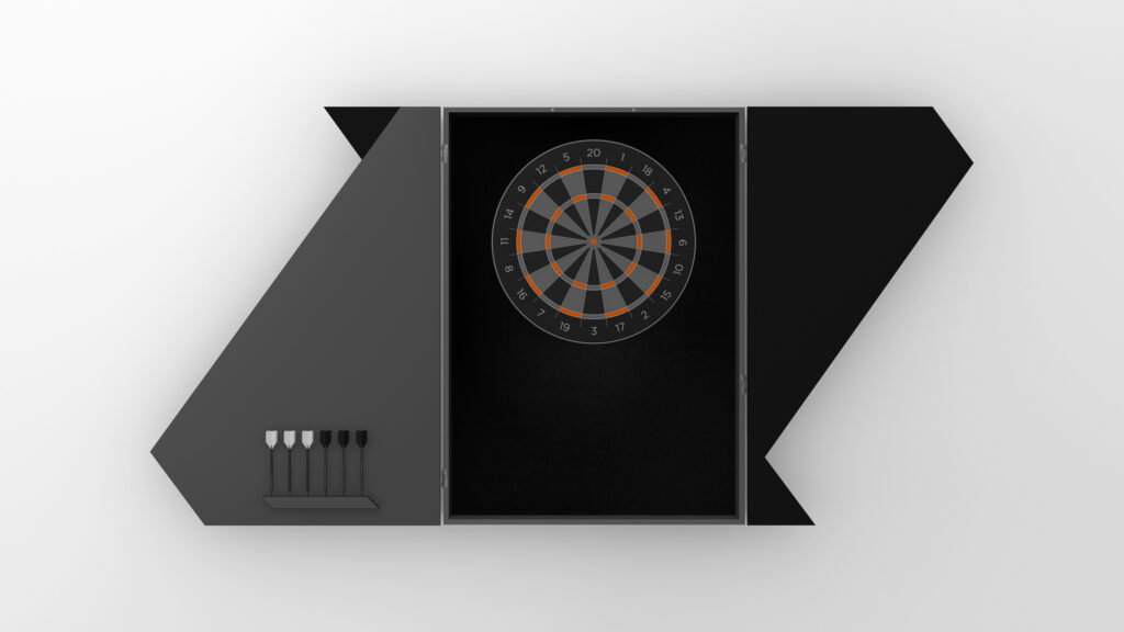The Cardinal Dartboard is a modern luxury cabinet with a closed left door holding four darts and an open center displaying the dartboard’s orange and black rings, mounted on a white wall.