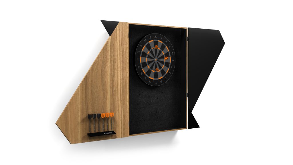 The Cardinal Dartboard is a luxurious, wall-mounted set housed in a geometric cabinet with a wooden finish and black accents. It showcases a black and orange dartboard, with darts neatly displayed on the left side of the cabinet.