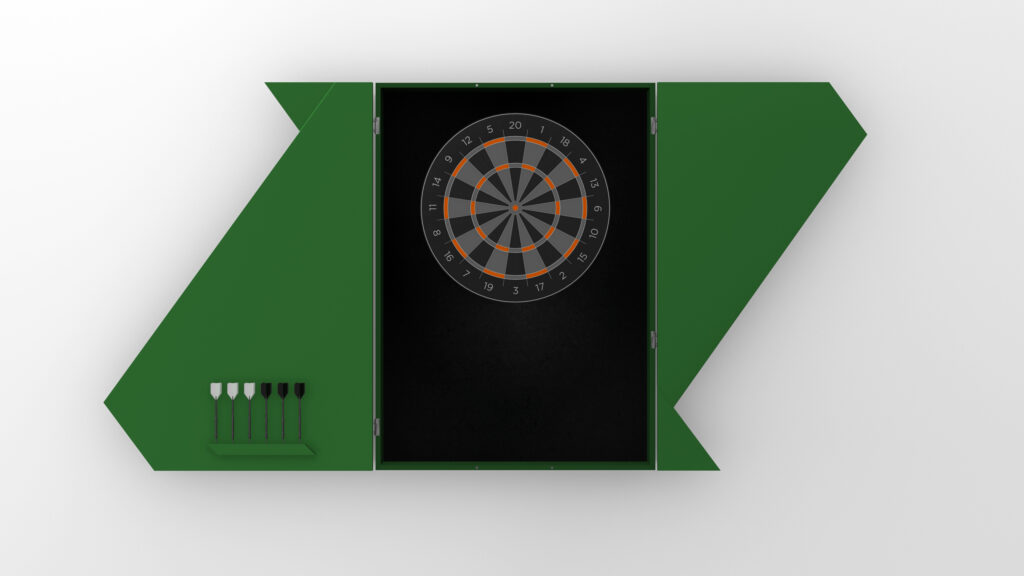 A green Cardinal Dartboard cabinet with its doors open displays the dartboard in the center and six darts—three white and three black—neatly arranged on the inside of the left door.