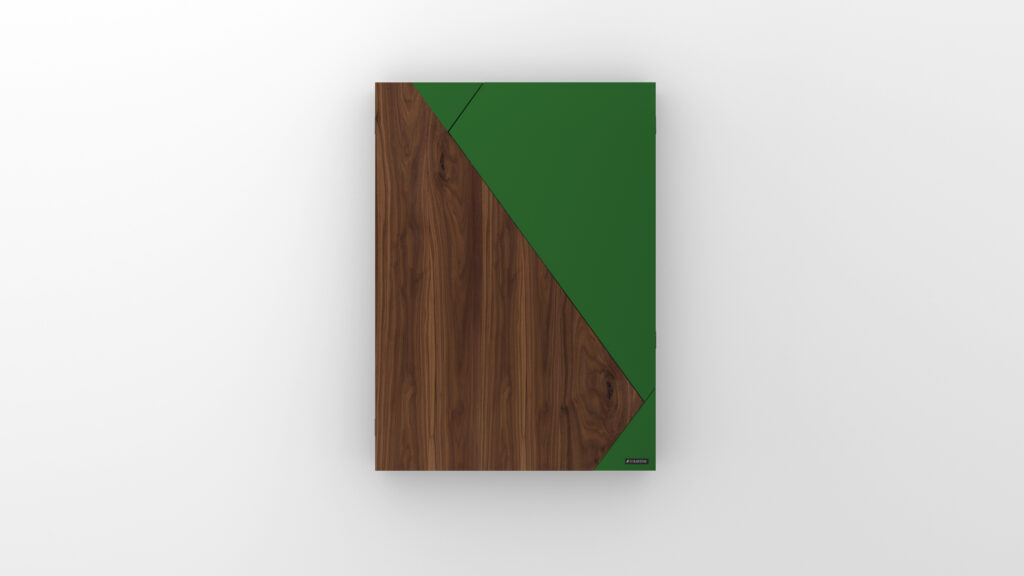 A closed notebook, inspired by the luxury of the Cardinal Dartboard, features a cover with a diagonal split between dark wood grain texture and solid green, set against a plain white background.
