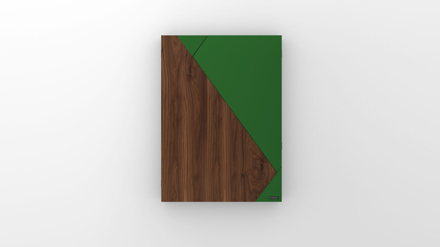 A closed notebook, inspired by the luxury of the Cardinal Dartboard, features a cover with a diagonal split between dark wood grain texture and solid green, set against a plain white background.