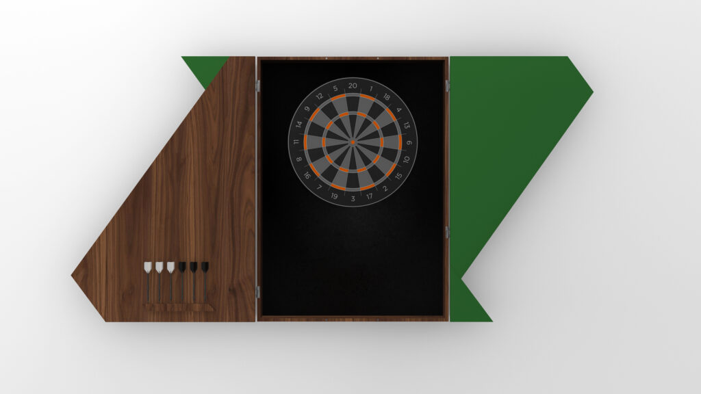 The Cardinal Dartboard features a wooden-front cabinet that opens to reveal the dartboard, with three darts on the left door and bold green geometric side panels set against a clean white background.