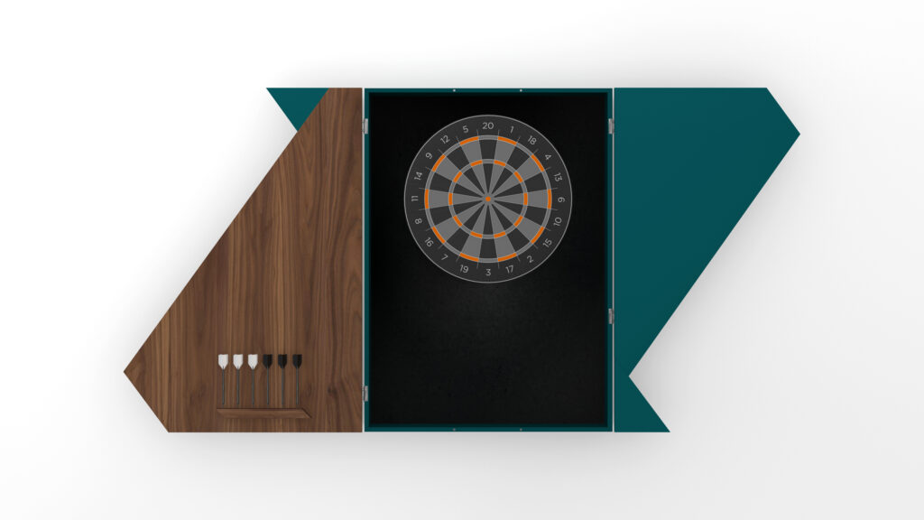 The Cardinal Dartboard cabinet features modern geometric teal and wood panels, shown open to display the dartboard and five darts stored inside the left door.