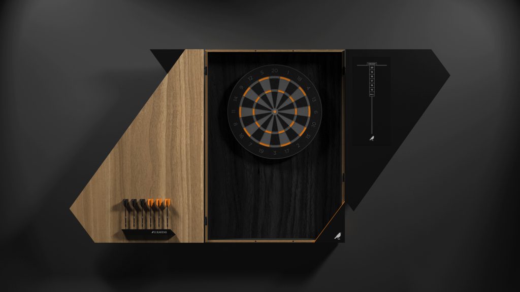 The Cardinal Dartboard is a luxury set in a sleek geometric wooden case with a black interior, featuring slots for multiple darts, some with orange flights. A dark gray backdrop enhances its contemporary design.