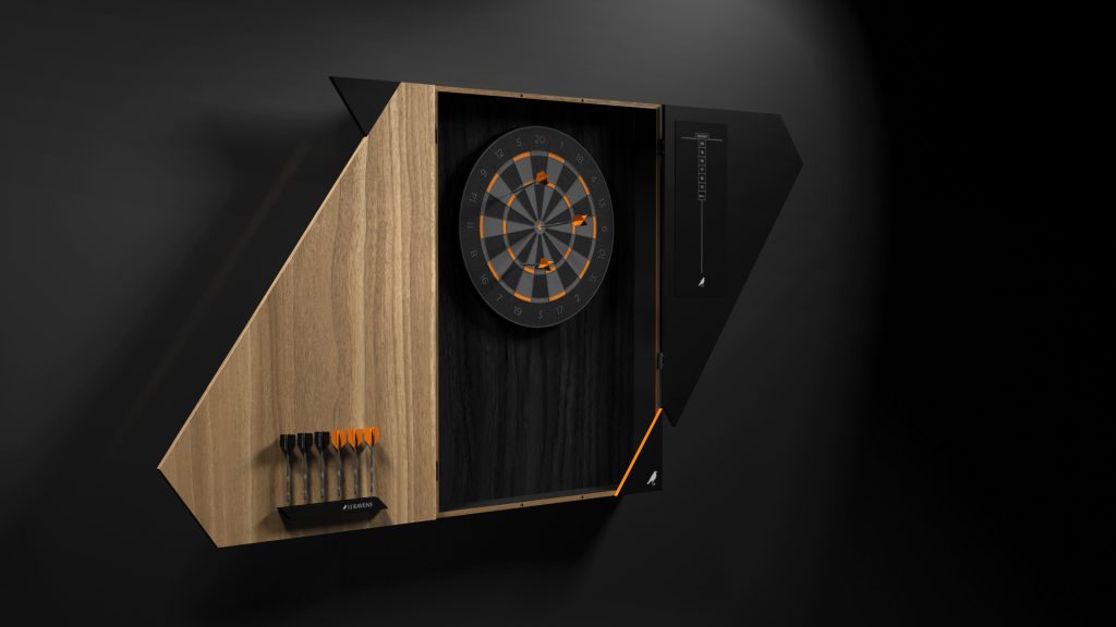 The Cardinal Dartboard set is elegantly housed in a sleek, angular wooden cabinet, with darts neatly arranged on the left. Mounted on a dark wall, it casts subtle shadows that enhance the sophisticated ambiance.