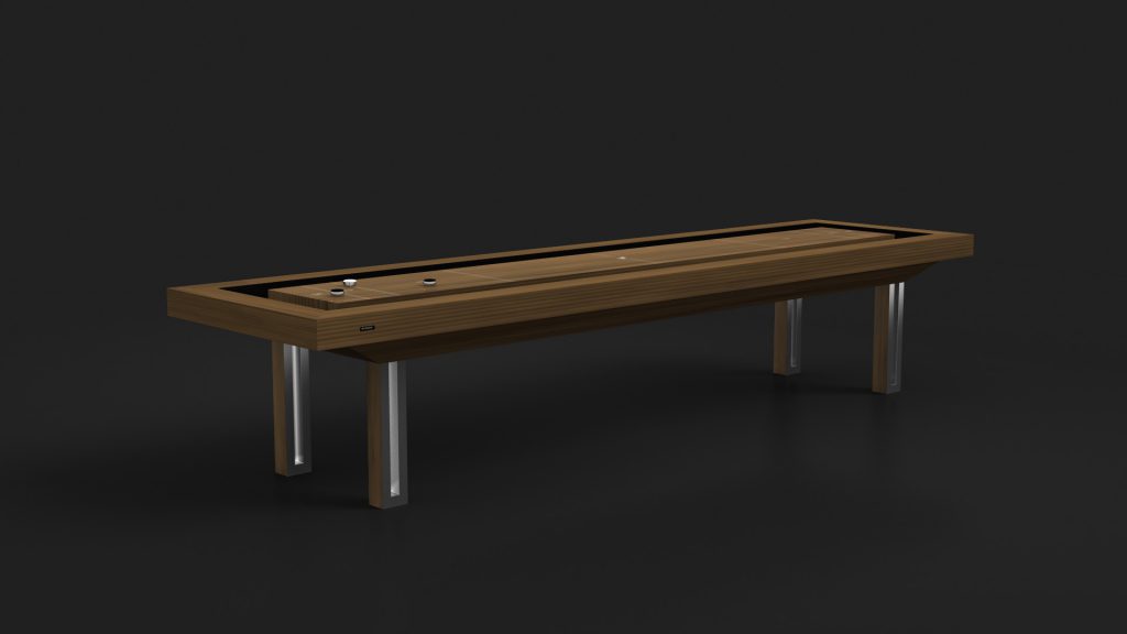 The Executive Shuffleboard Table boasts a long wooden playing surface and sleek metal legs on a dark background, with puck-like pieces on the board, highlighting its elegant design.