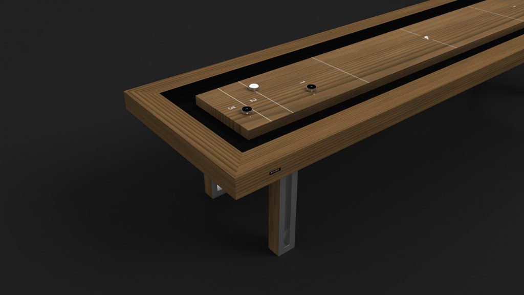 The Executive Shuffleboard Table exudes luxury with its sleek design against a dark backdrop. Its marked wooden surface features artfully arranged pucks, including one white and three black.
