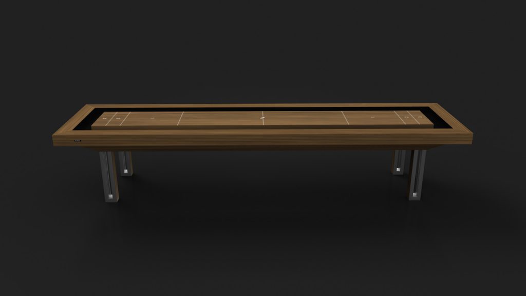The Luxury Executive Shuffleboard Table features a dark playing surface with white scoring markings, set on a sleek black and silver frame against a dim background.