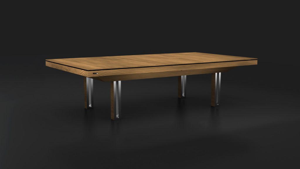 The Executive Convertible Pool / Dining / Ping Pong Table boasts a minimalist wooden design with a smooth, light brown surface and black trim, supported by four sleek metal legs, seamlessly transforming into a luxury piece against a dark background.