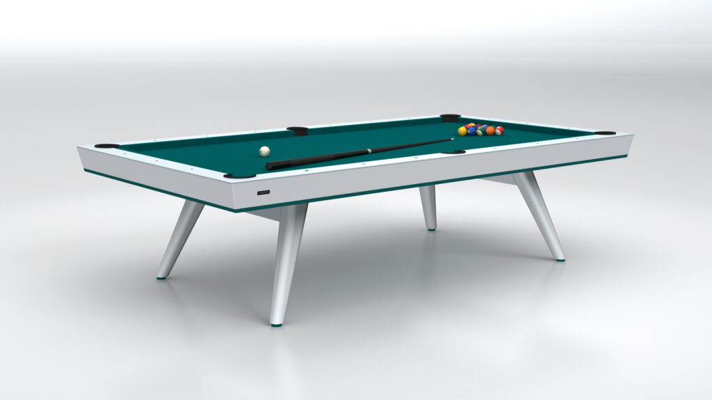 The Hamptons Convertible Pool/Dining/Ping Pong Table features a teal playing surface with sleek white legs. Elegantly arranged are a cue stick and triangular rack of billiard balls on the table, set against a plain light gray background, emphasizing its premium luxury game table status.