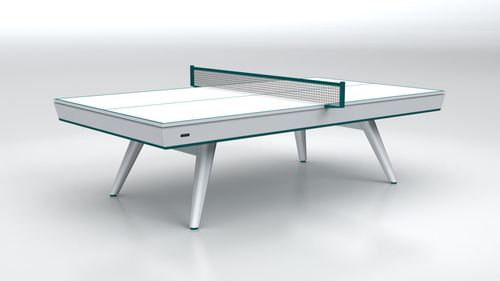 The Hamptons Convertible Pool / Dining / Ping Pong Table features a sleek, modern design with a minimalist white top, slim teal edges, and a black net. It stands elegantly on four angled legs against a plain white background.