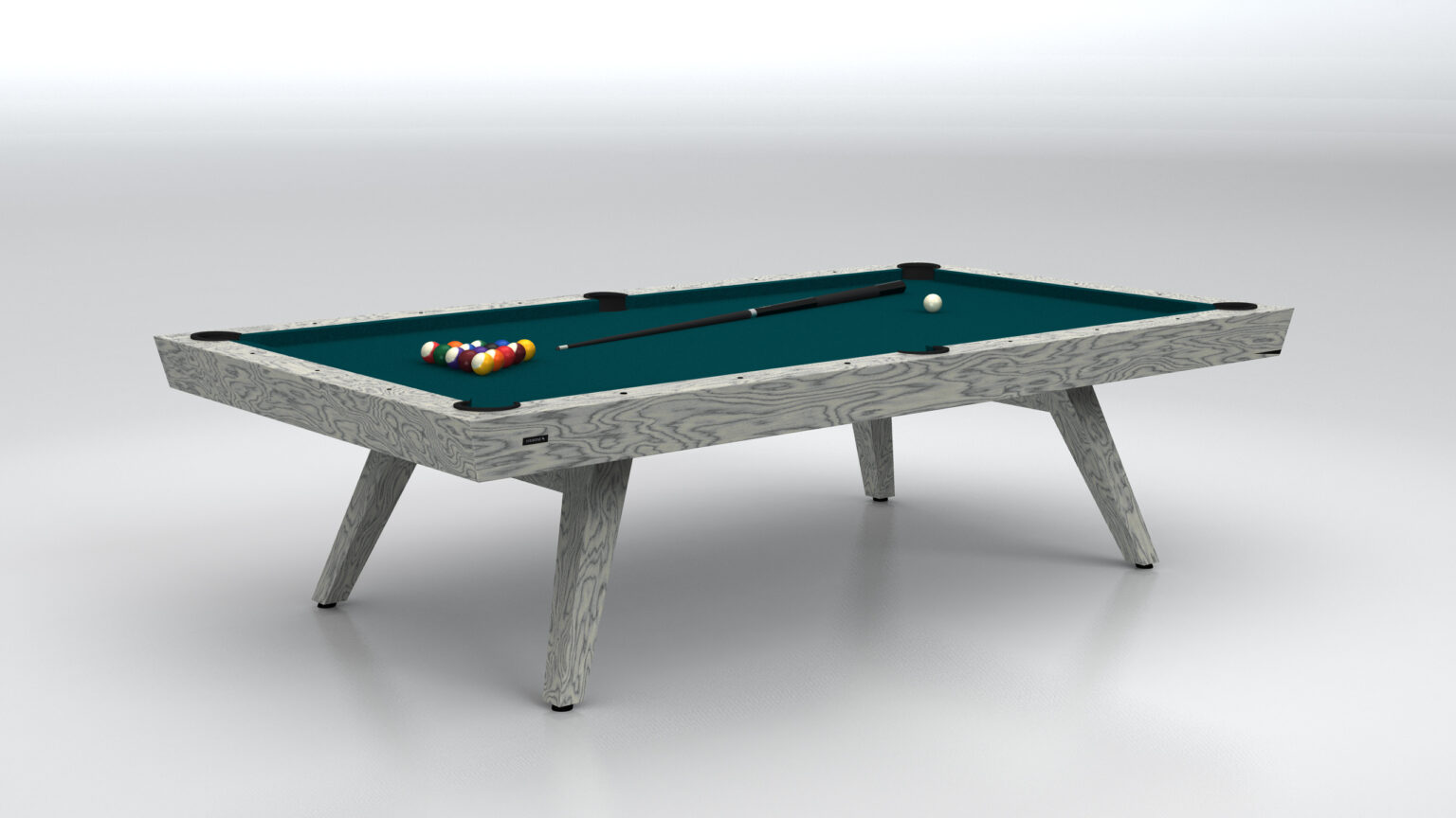 The Hamptons Pool Table is a luxury game table with a sleek wooden design and teal felt surface. Billiard balls are arranged in a triangle with a cue stick resting elegantly, set against a minimalistic backdrop.