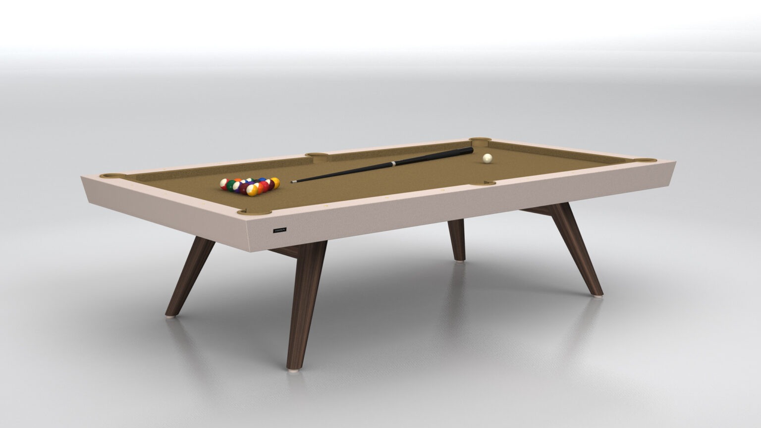 The Hamptons Pool Table boasts a modern design with a beige playing surface, sleek brown wooden legs, and includes a cue stick, cue ball, and colorful billiard balls in a triangular rack. The light gray background enhances its elegance.