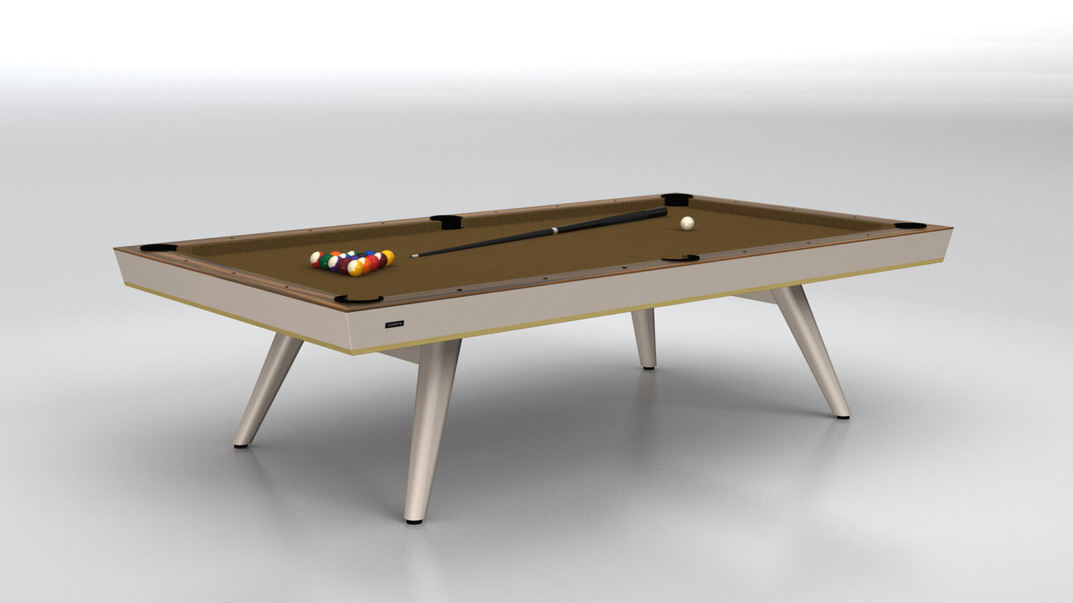 The Hamptons Pool Table is a luxury game piece, featuring beige felt on a sleek white base with angled legs. A cue stick and racked billiard balls are on the table, with a white cue ball nearby. The minimalist background accentuates its elegance.