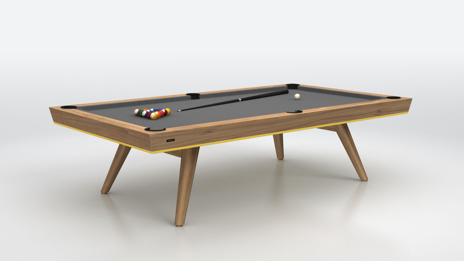 The Hamptons Pool Table features a luxury wooden frame with tapered legs and chic black felt. Billiard balls are arranged in a triangle under a cue stick, all set on a pristine white backdrop.